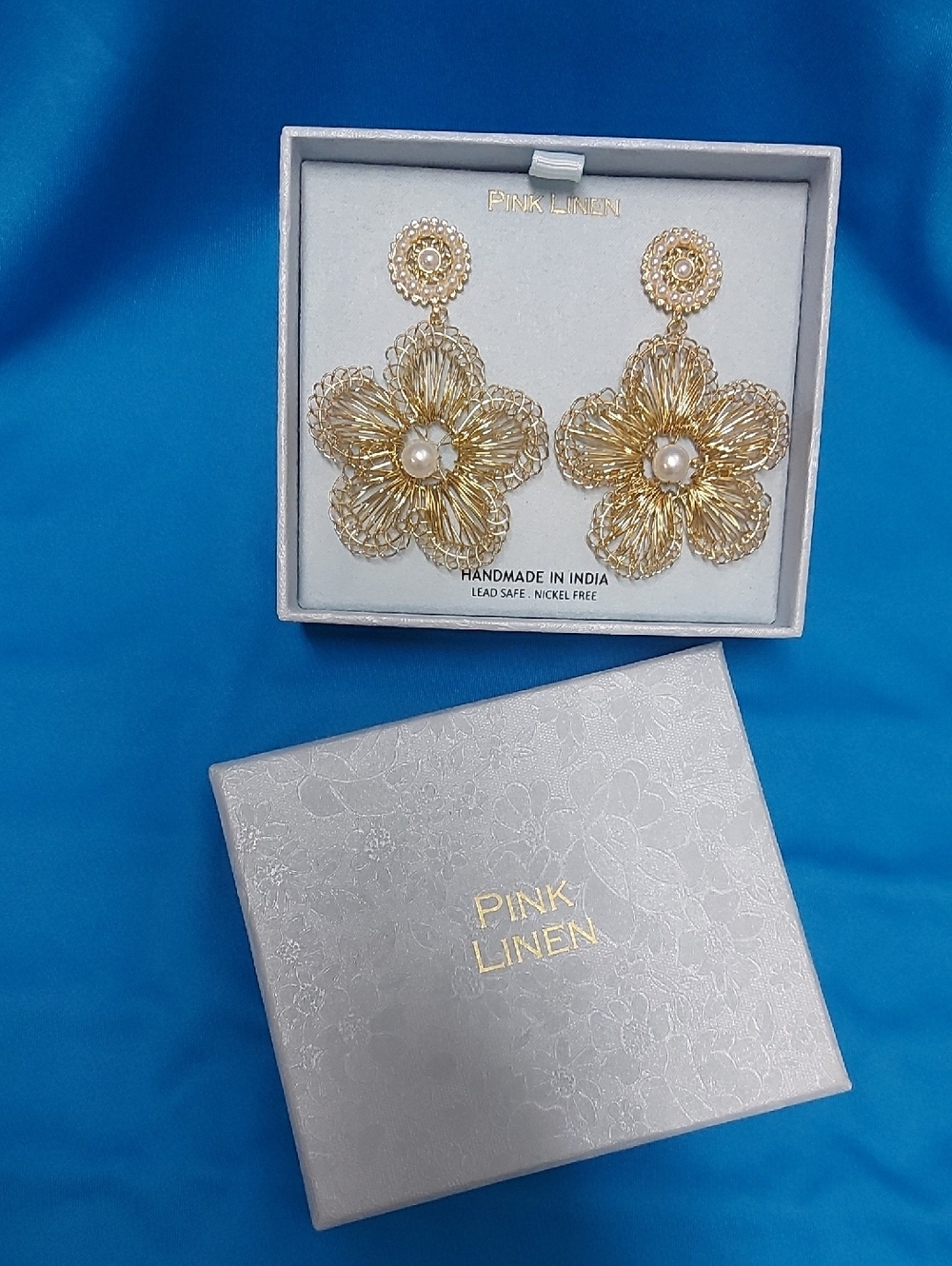 Pink Linen Gold Floral Pearl Drop Earrings - Women's Accessories